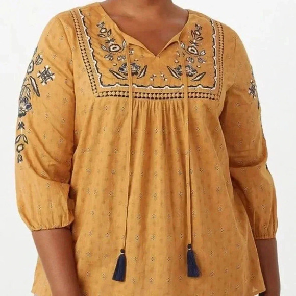 Dress Barn Embroidered Crochet Trim Sequins Boho Peasant Printed Blouse Size 1X - Picture 9 of 9